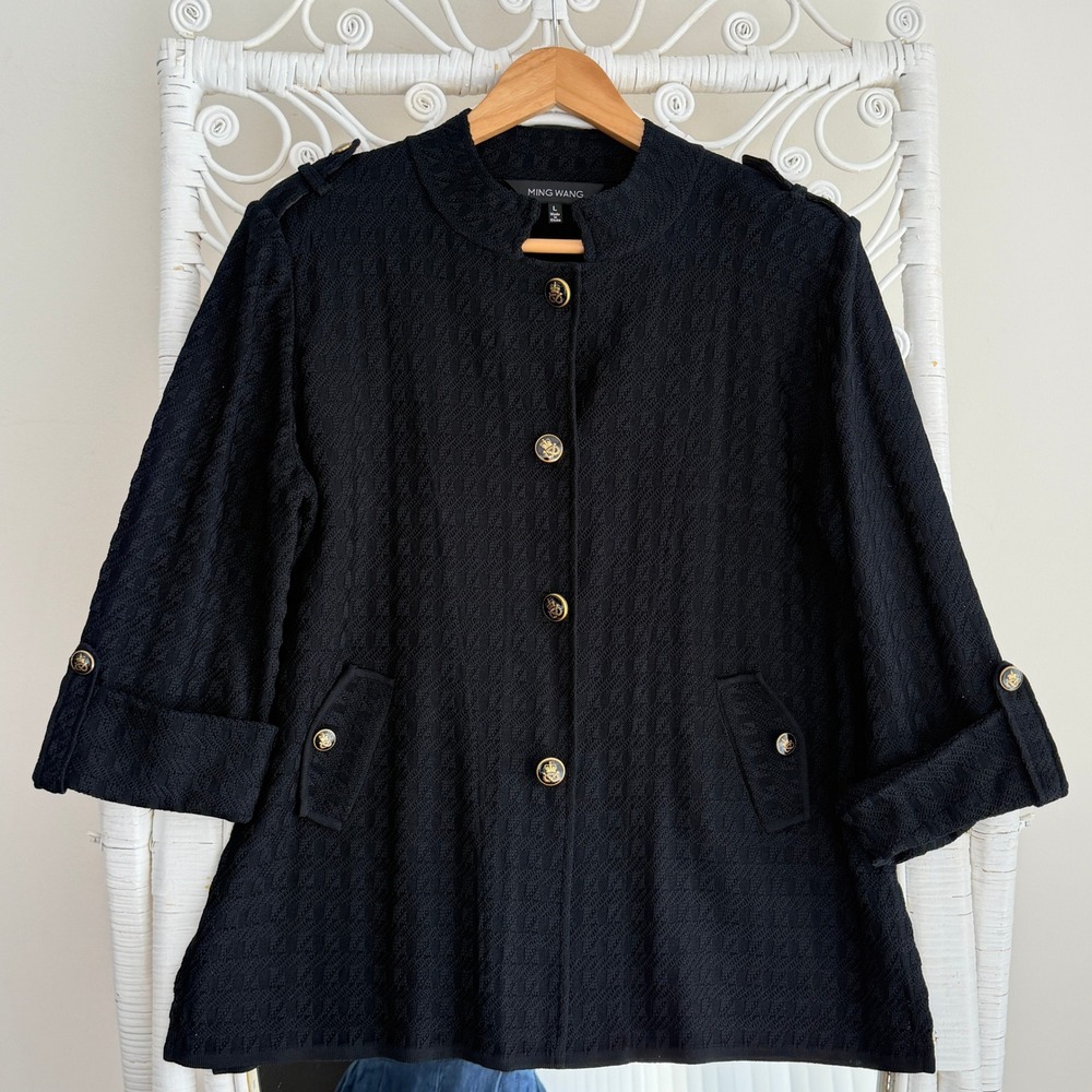 Ming Wang Jacket Large Black Knit Textured Blazer Epaulet Quiet Luxury Old Money